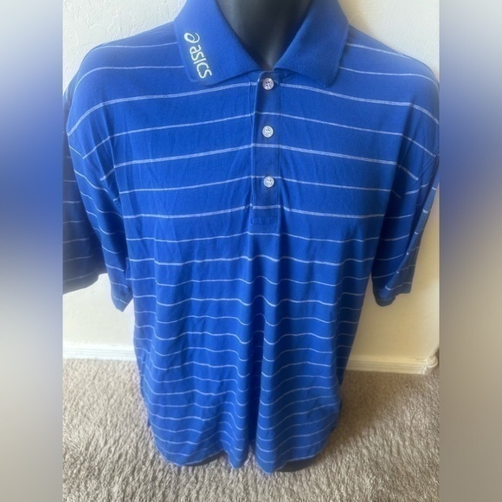 Men’s used ASICS blue polo golf shirt logo size L large Pre own items are as is